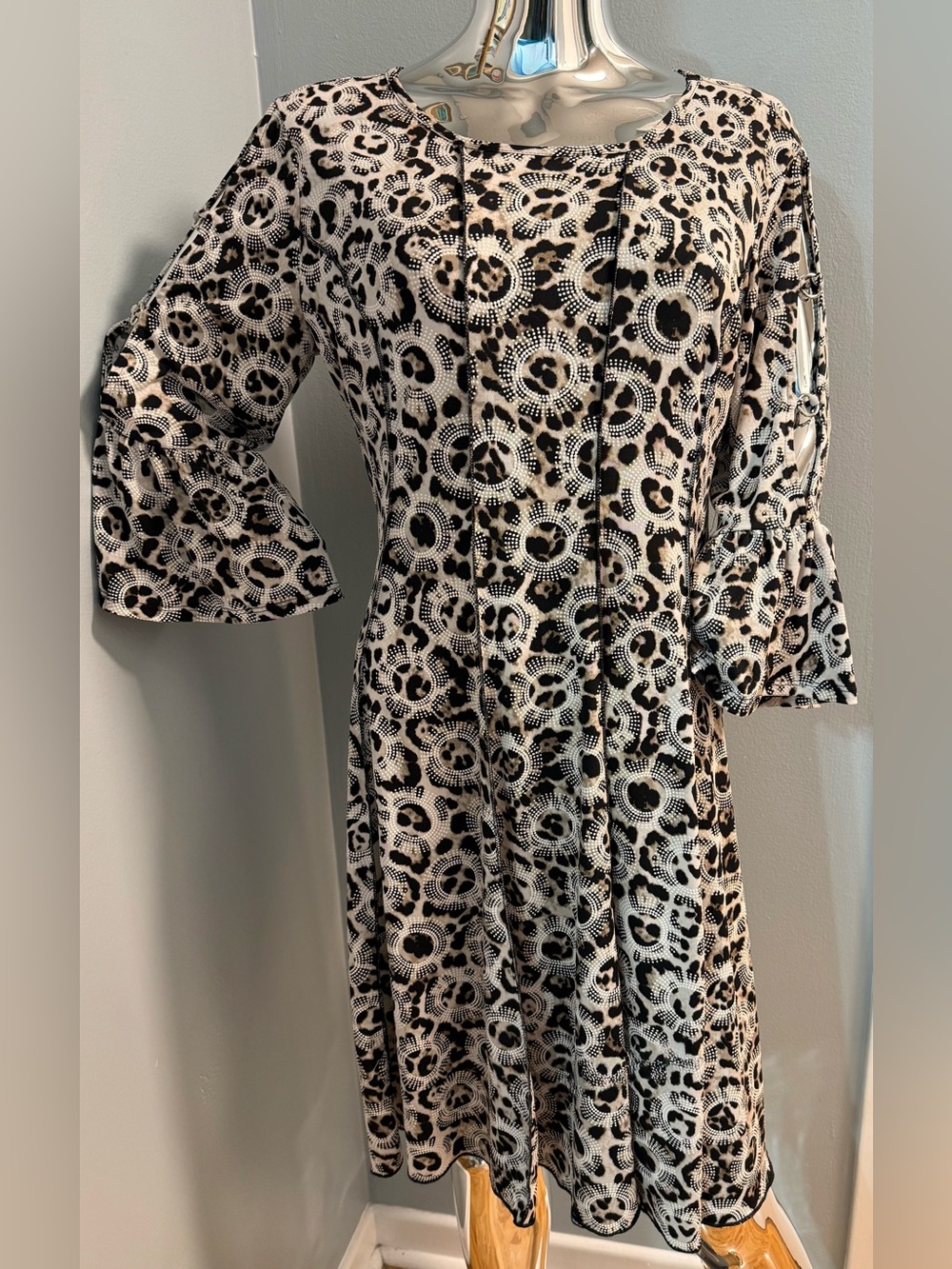 Printed Black and Cream Leopard with geometrics Long-Sleeve Midi Dress